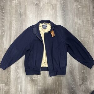 Vintage Lands End Jacket Mens Medium Blue Wool Bomber Leather Trim USA 80s 90s